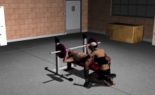 3D babe riding a stud's cock while he lifts weights